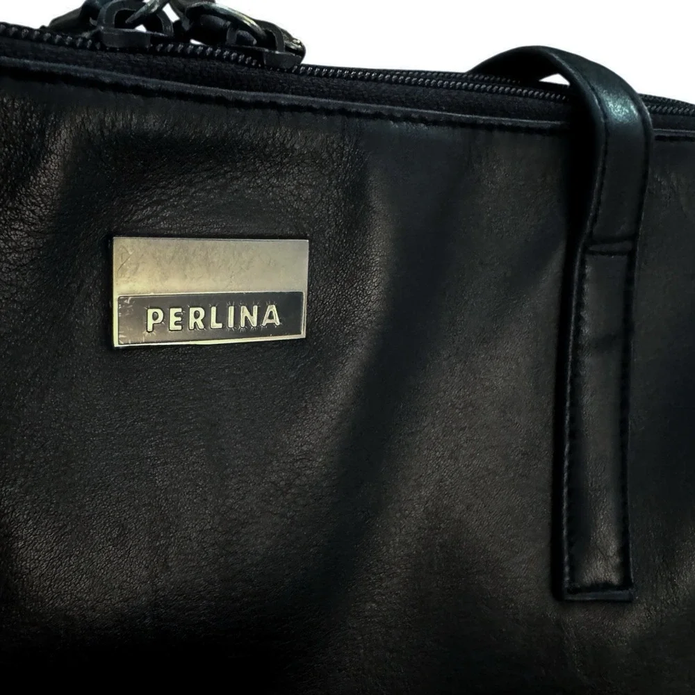 PERLINA Soft Black Leather Multi Compartment Tote Bag Laptop Work Bag Satchel